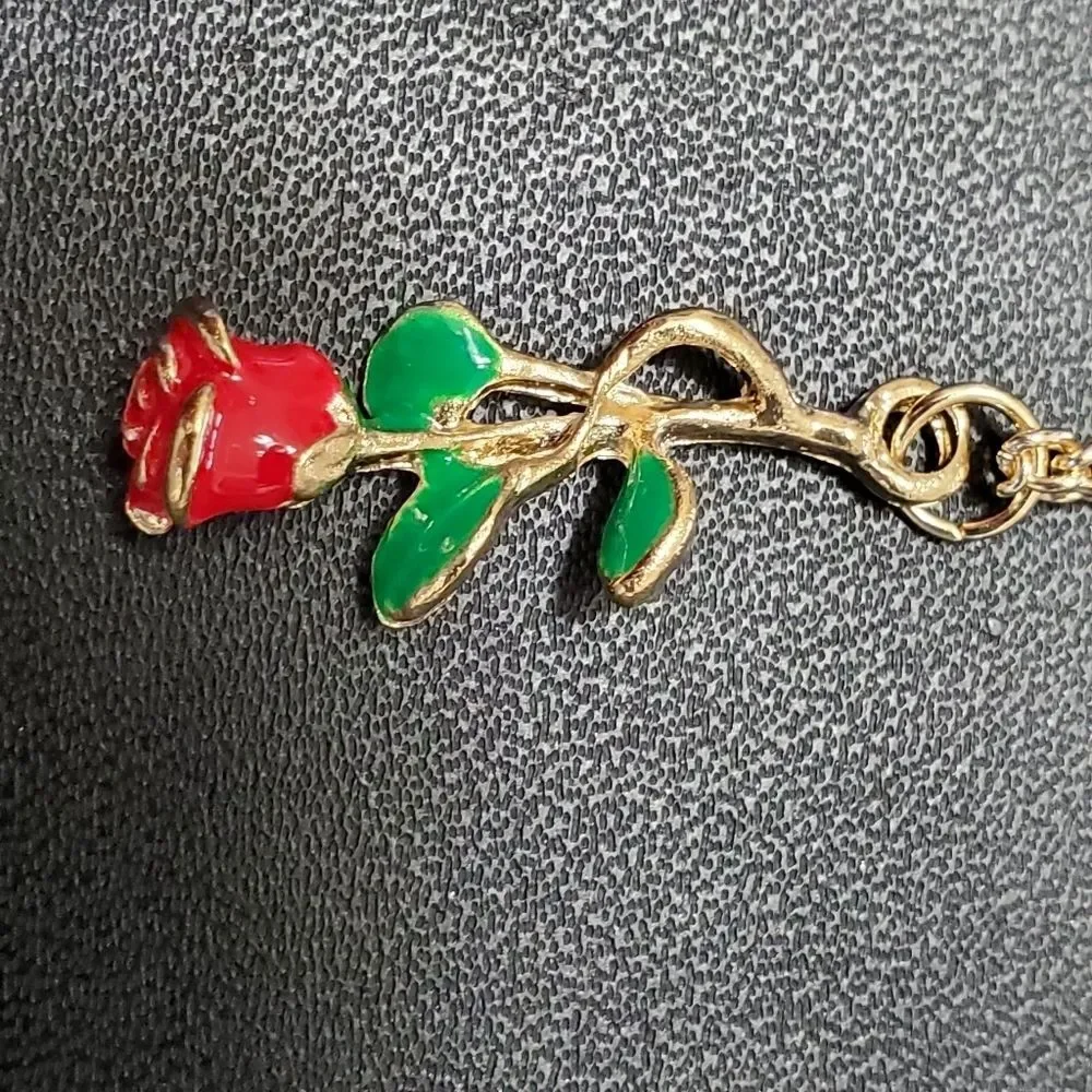 Gold tone red enamel rose pendant necklace 20-22